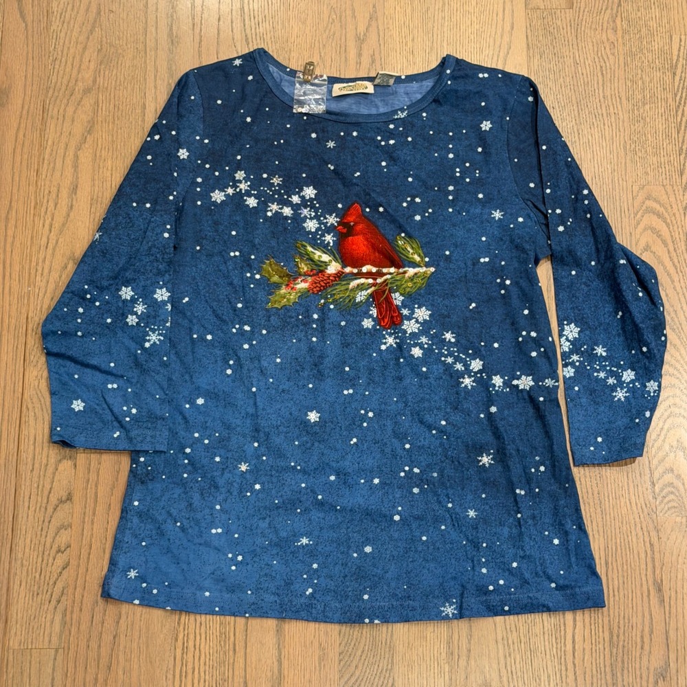 Collections Etc‎ Blue Cardinal Snowflake Long Sleeve Top Women's Size Medium
